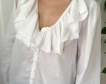 y2k White Cotton Floaty Lightweight Semi Sheer Long Puff Sleeve Button Up Blouse Ruffled Collar Boho Peasant Poet Gypsy India Retro XS S GAP