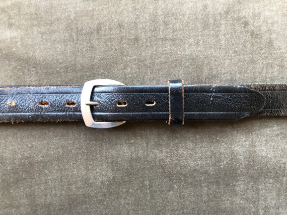 50s 60s Skinny Retro Black Leather Belt Steel Sil… - image 3