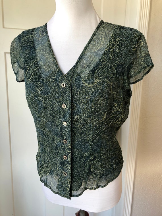 Silk Crinkle Sheer Chiffon Dark Green Paisley Flo… - image 7