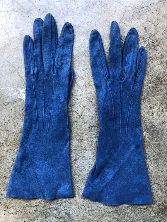 Antique Blue Suede Leather Gloves Size XS 6 6.25 … - image 6