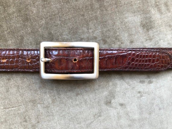 Skinny Dark Brown Croc Embossed Leather Belt 1990… - image 10