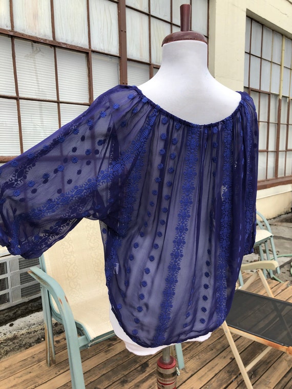 Blue Sheer Silk Chiffon Floral Embroidered Boho Peasa… Gem