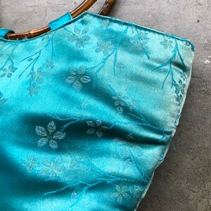 Distressed 90s Teal Turquoise Blue Faded Silk Satin Chinese Floral Print Bamboo O Ring Handle Boho Purse Bag Handbag Vintage Retro 1990s image 2