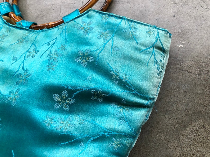Distressed 90s Teal Turquoise Blue Faded Silk Satin Chinese Floral Print Bamboo O Ring Handle Boho Purse Bag Handbag Vintage Retro 1990s image 2