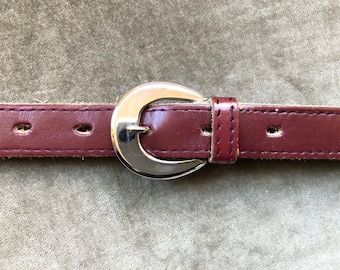 Skinny Burgundy Leather Belt for Women, Minimal Thin Waist Belt