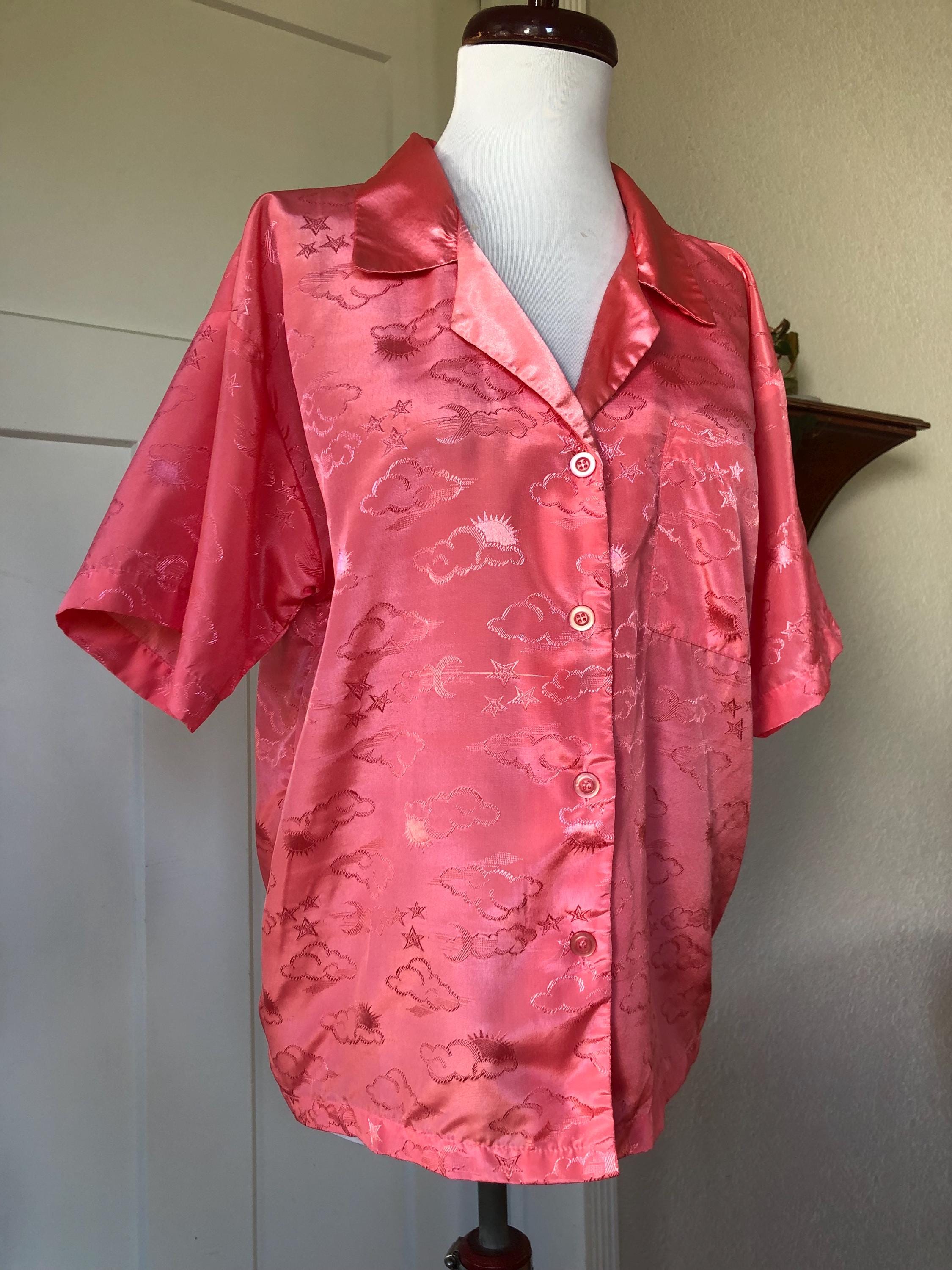 1980s Sun Moon Star Cloud Celestial Print Satin Woven Pink 1980s Sun Moon Star Cloud Celestial Print Satin Woven Pink
