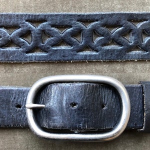 Thick Black Leather Belt Heavy Duty Cowhide Size L XL 2X XXL Waist 44 46 48 Unisex 90s 1990s Y2K Rustic Vintage Cut Out Lace Floral Grunge