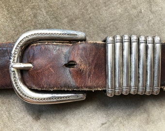 c.1995 Thick Brown Leather Western Belt Silver Tone Buckle Loops Distressed 1990s M L 38 39 30 41 42 Waist Southwestern 90s Boho Grunge Worn