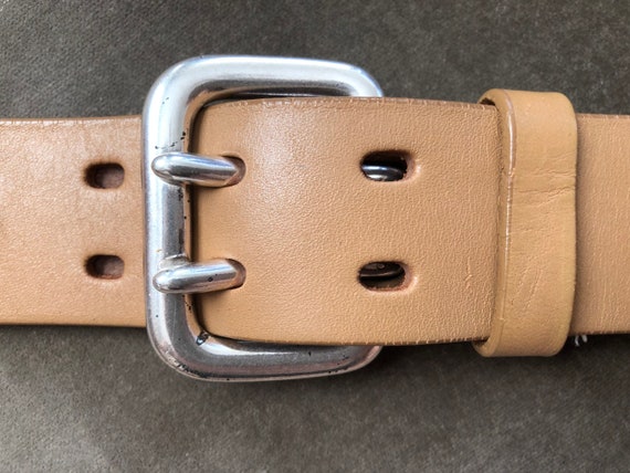 90s Tan Thick Leather Wide Heavy Duty Belt S M bo… - image 1