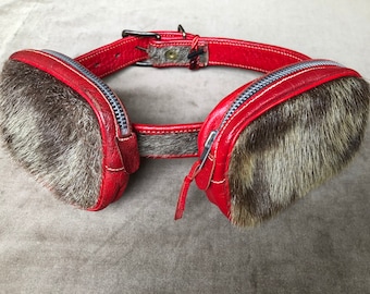 1950s 60s Vintage Red Leather Brown Cow Hair Pony Fur Western Rodeo Belt Kids Childrens Zip Bags Waist Pouches 50s 1960s XS XXS Fannypack