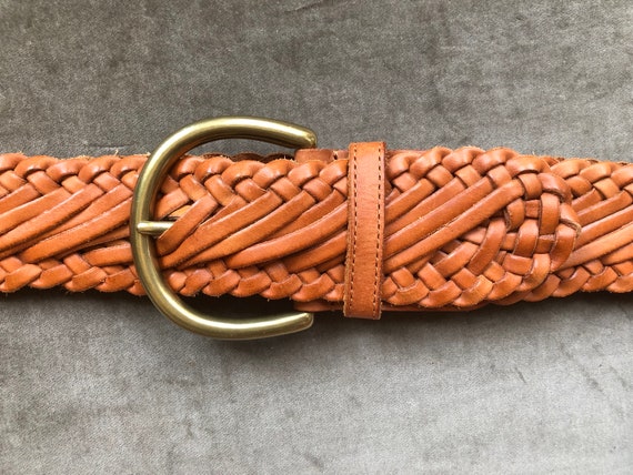 Vintage Wide Woven Tan Brown Leather Belt Braided… - image 9