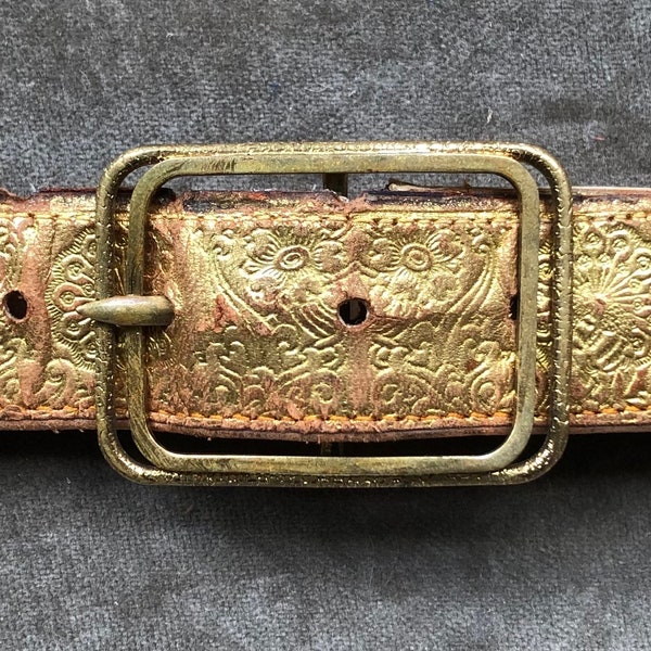 Antique 1930s 40s Gold Metallic Floral Embossed Leather Belt S M 28 29 30 Waist Vintage Retro Gold Buckle 30s 1940s Egyptian Vintage