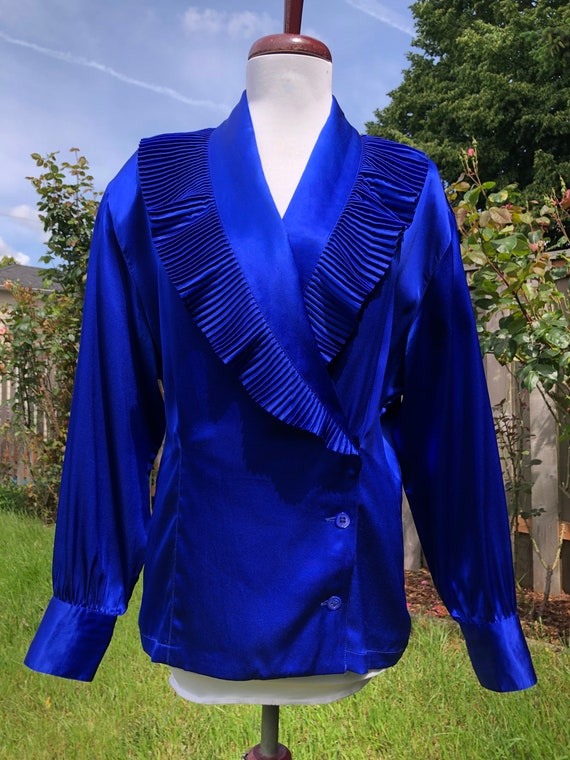 Vintage Stunning Silk Satin Cobalt Blue Shawl Col… - image 6
