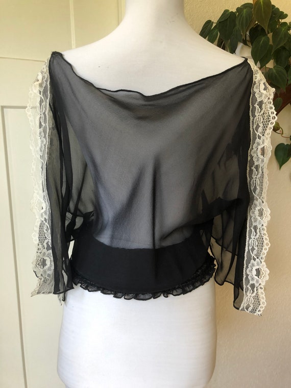 Black Sheer Silk Chiffon Boho Peasant Blouse Vint… - image 9