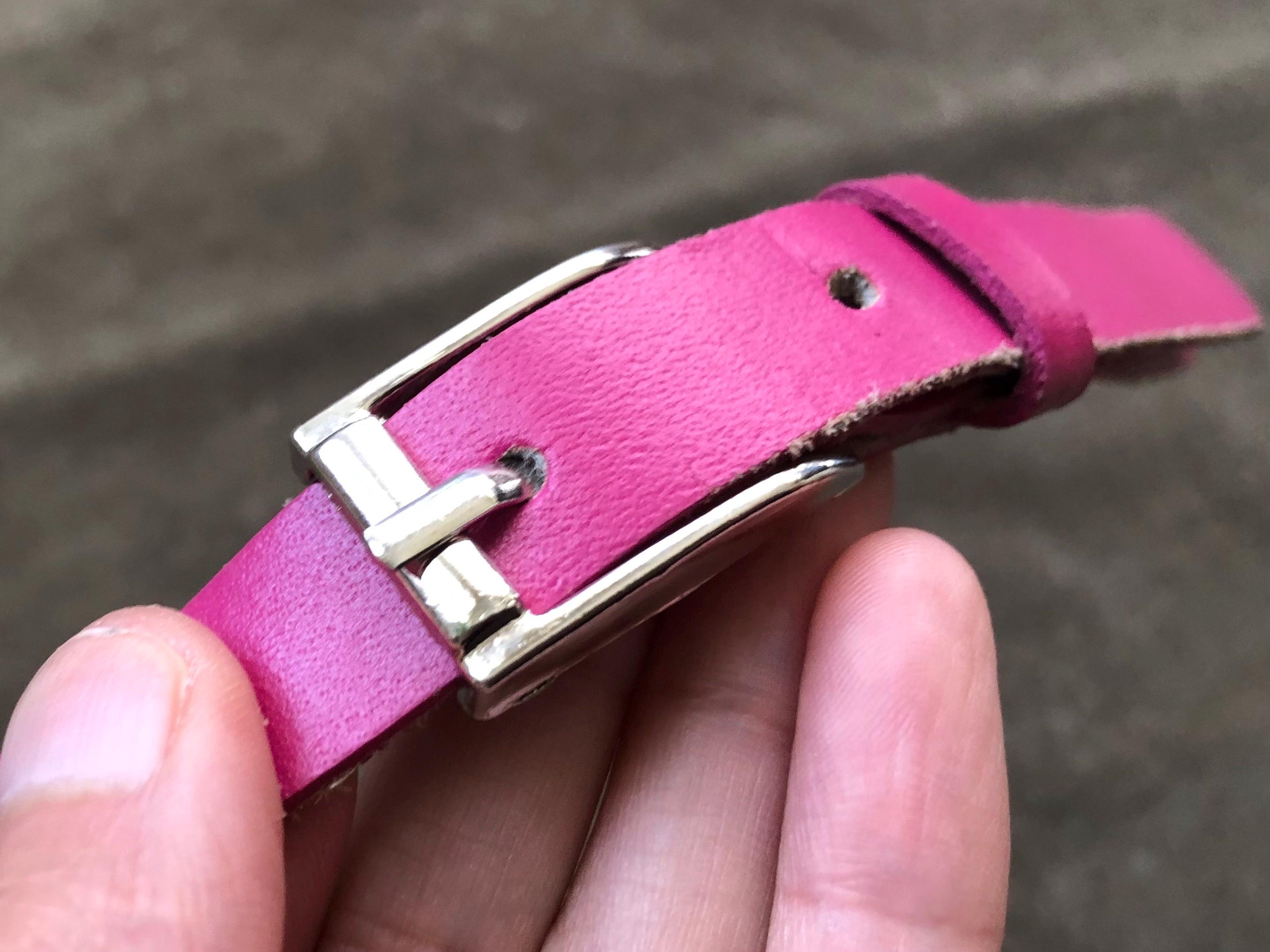 Vintage Genuine Leather Deep Pink Rose Skinny Belt Solid Brass Buckle 70s 80s Super Skinny Thick Leather Belt Dark Pink Magenta  main image 3