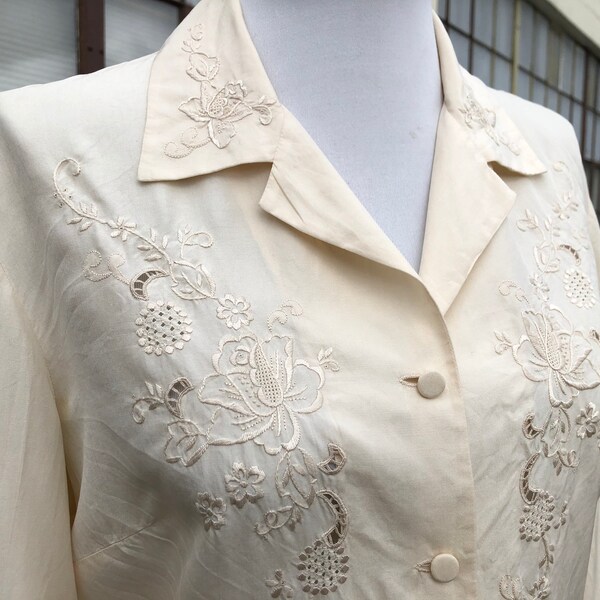 1960s 70s Silk Floral Embroidered Lacy Cutwork Long Sleeve Button Up Blouse Cream Ivory S M 1970s 60s Chinese Top Lace Yoke Retro Oxford