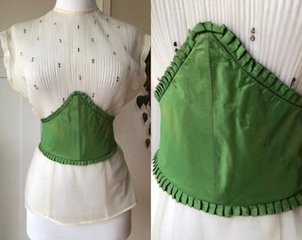 Antique Silk Taffeta Golden Green Ruffled Swiss Waist Underbust Boned Corset Belt Victorian Vintage Edwardian 1880s 1890s 1900s Corselet Top