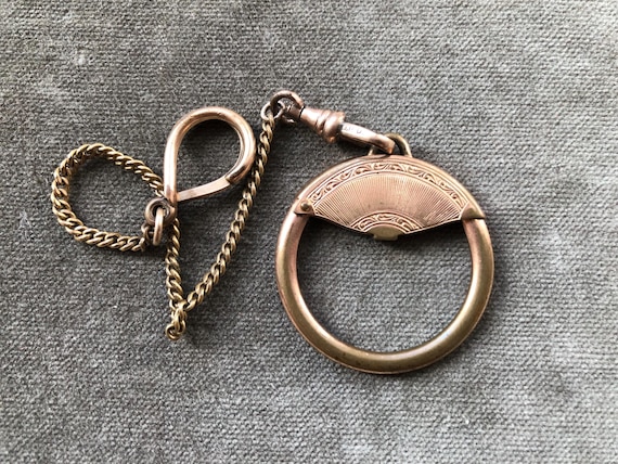 Antique Art Deco Nouveau Floral Fan Gold Plated Brass Victorian Edwardian Watch Fob Chain Locking Loop Ring Mechanism Key or Watch Fob Chain