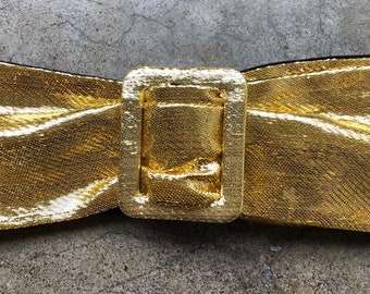 1950s 80s Gold Metallic Shiny Shimmery Fabric Fashion Belt Sash Disco XS S 24 26 28 30 waist Womens Vintage 50s 1980s Satin Flashy Lame Belt