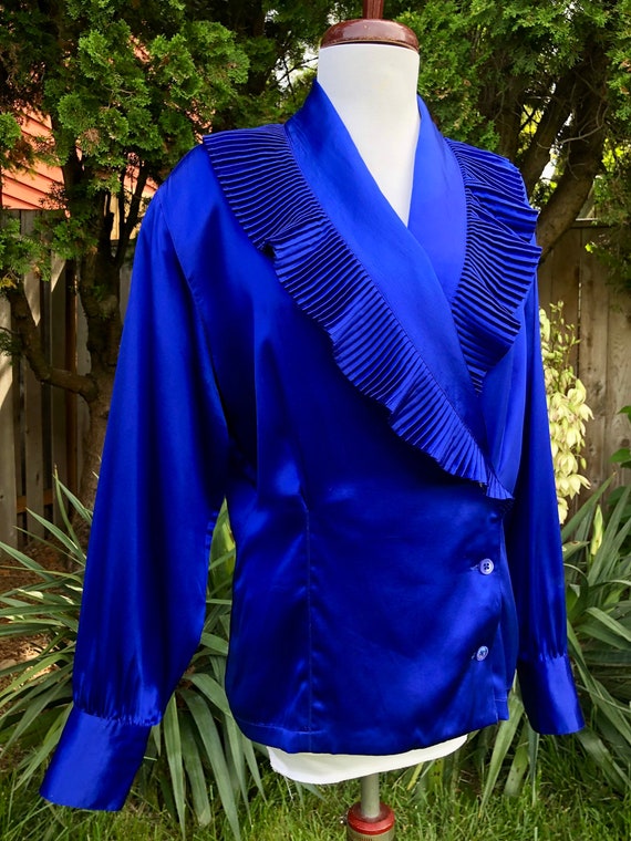 Vintage Stunning Silk Satin Cobalt Blue Shawl Col… - image 2