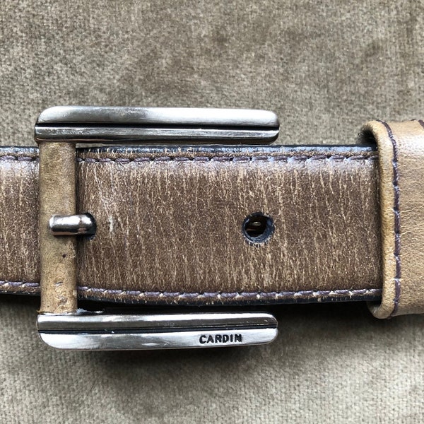 Vintage 60s 70s Pierre Cardin Slim Olive Gray Leather Silver Tone Logo Buckle Petite Belt Size 33 34 35 36 Waist M L XL 1960s 1970s Skinny