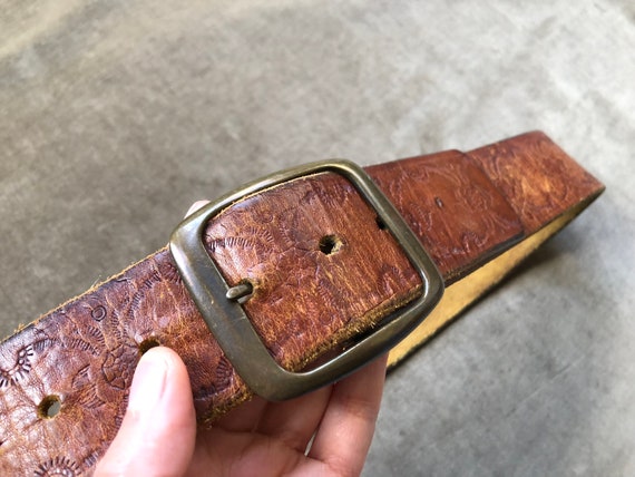 70s Floral Tooled Brown Thick Leather Belt Wester… - image 9