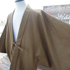 Vintage Wool Woven Tweedy Striped Olive  Green Brown Kimono Jacket Cardigan Sweater Mens Haori Chanchanko S M L Authentic Robe 90&#39;s Japanese