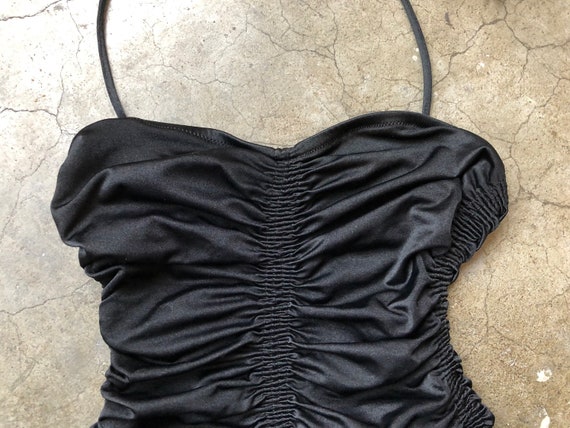 70s Black Smocked Satin Stretch Halter Tie Back Sw