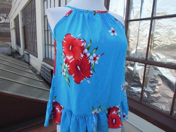 Vintage Hawaiian Hisbicus Floral Print Ruffled Hem