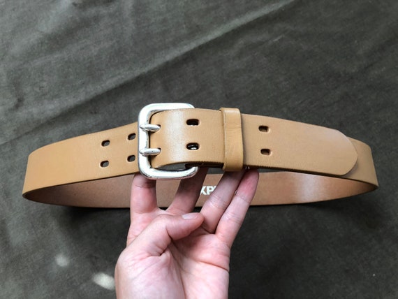 90s Tan Thick Leather Wide Heavy Duty Belt S M bo… - image 2