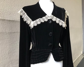 Antique 1930s Black Silk Velvet Western Yoke Ivory Lace Trim Glass Beaded Buttons Blouse Top Jacket Blazer Coat XS S 30s 1940s 40s Vintage