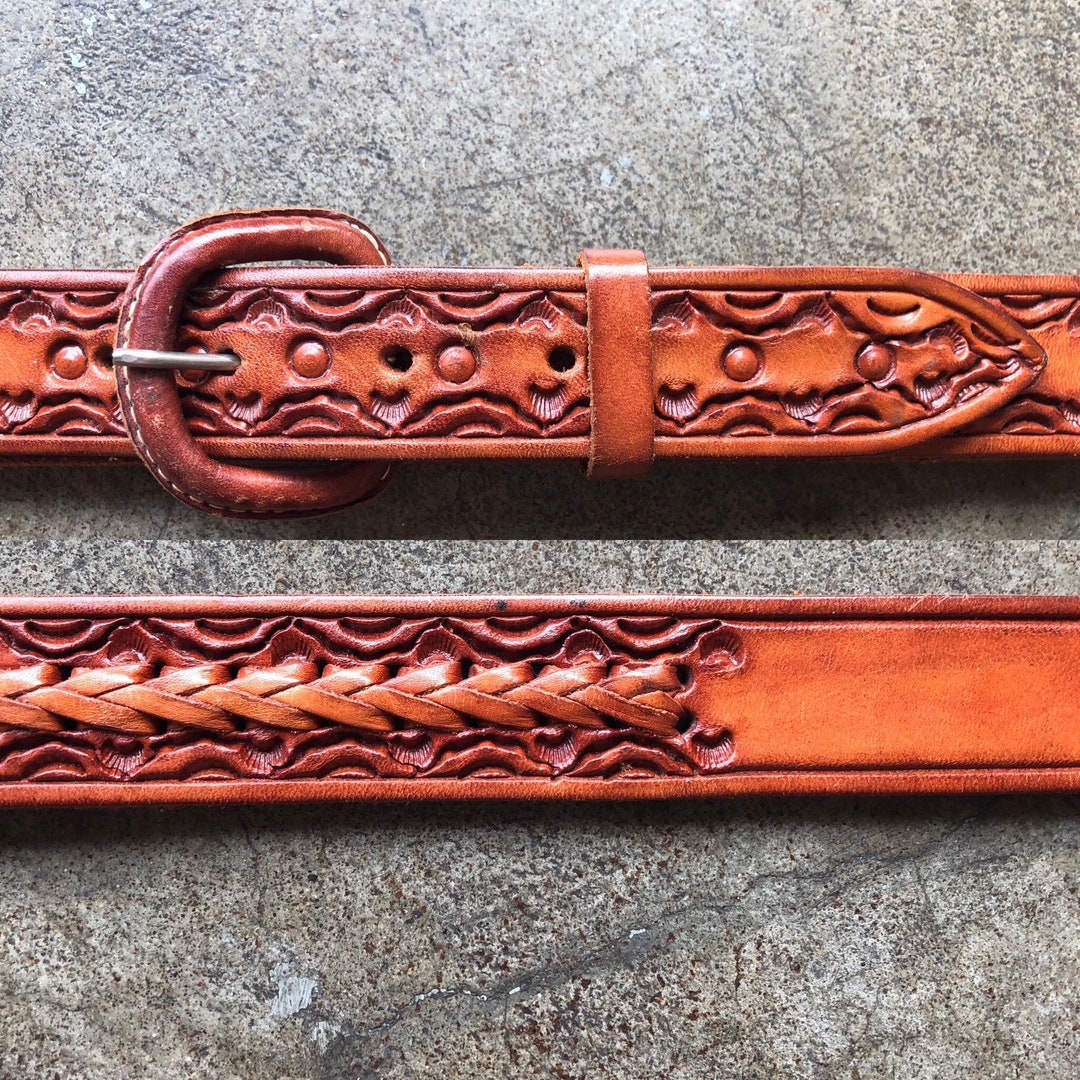 70s 80s Floral Tooled Leather Skinny Tan Brown Belt Western - Etsy
