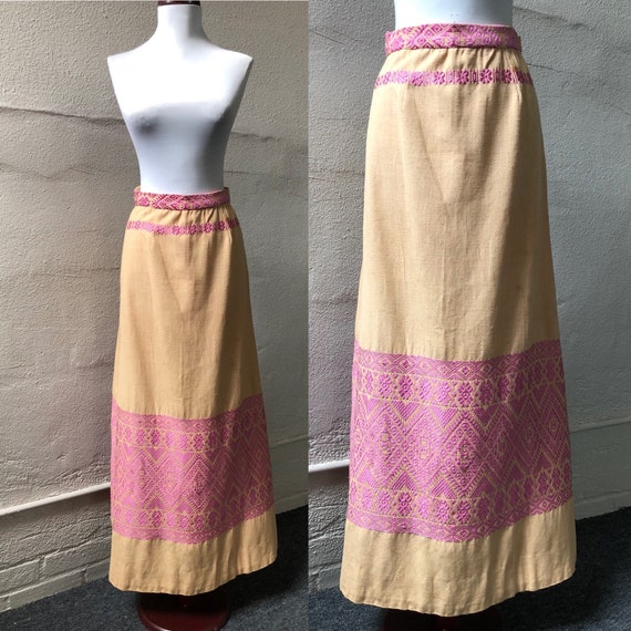 70s Handmade Cotton Woven Flared Boho Maxi Skirt … - image 4