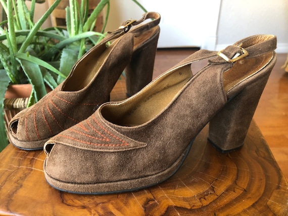 70s Brown Suede Leather Peeptoe Platform Sandals … - image 1