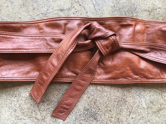 70s Brown Wide Thin Leather Sash Tie Fashion Belt… - image 1