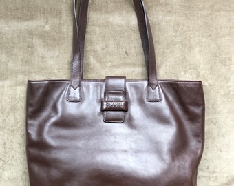 Auth CHANEL Logo Dark Brown Soft Leather Shoulder Tote Bag Handbag Purse Vintage Bag 1990s 90s y2k 2000s Authentic Petite Square