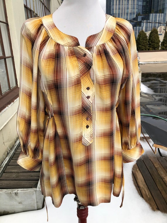 Silk Yellow Ivory Brown Plaid Print Puff Crop Sle… - image 5