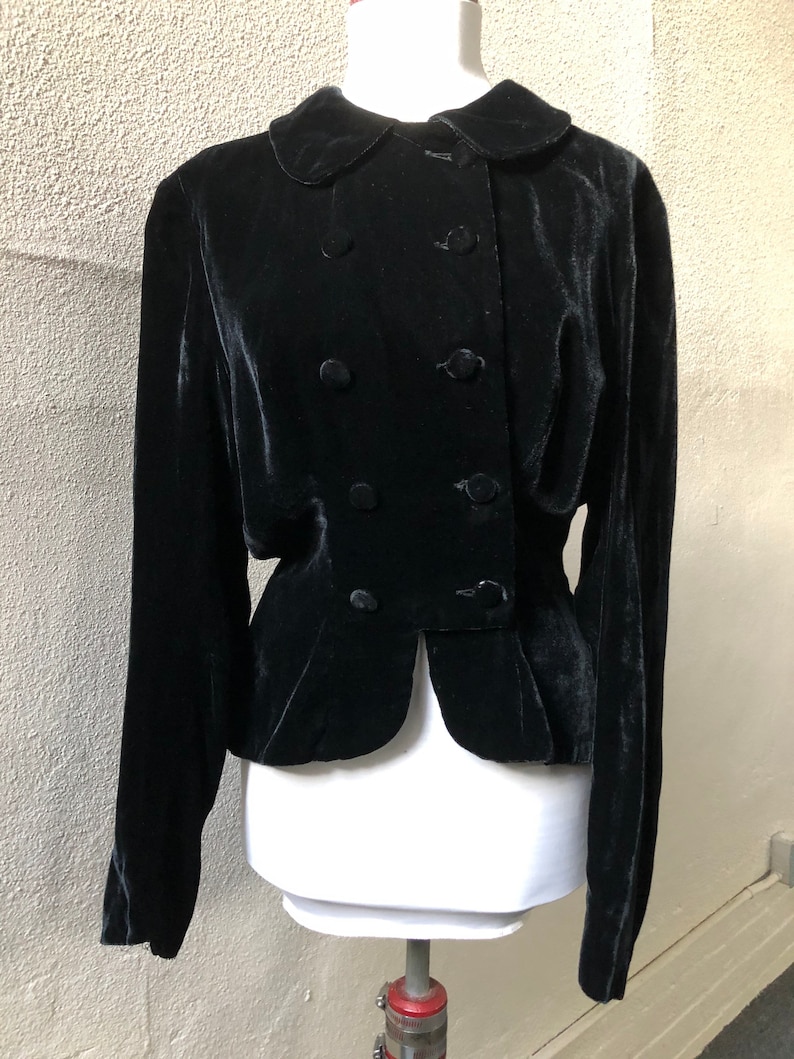 Copyright 1935 Hollywood Antique 1930s Black Silk Velvet Double Breasted Button Up Blouse Top Jacket Peplum Blazer Coat XS S 30s Vintage image 5