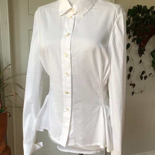 Nigel Preston & Knight White Cotton Equestrian Blouse Fitted Top Back shops Peplum Gathered Flared Long Sleeve sz S M 1990s 90s Western Victorian