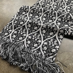 Silk Long Fringed Neck Scarf Silk Twill Contrast Vine Floral Victorian Print Black and White 1990s 90s Vintage Evening Shawl Art Nouveau image 1