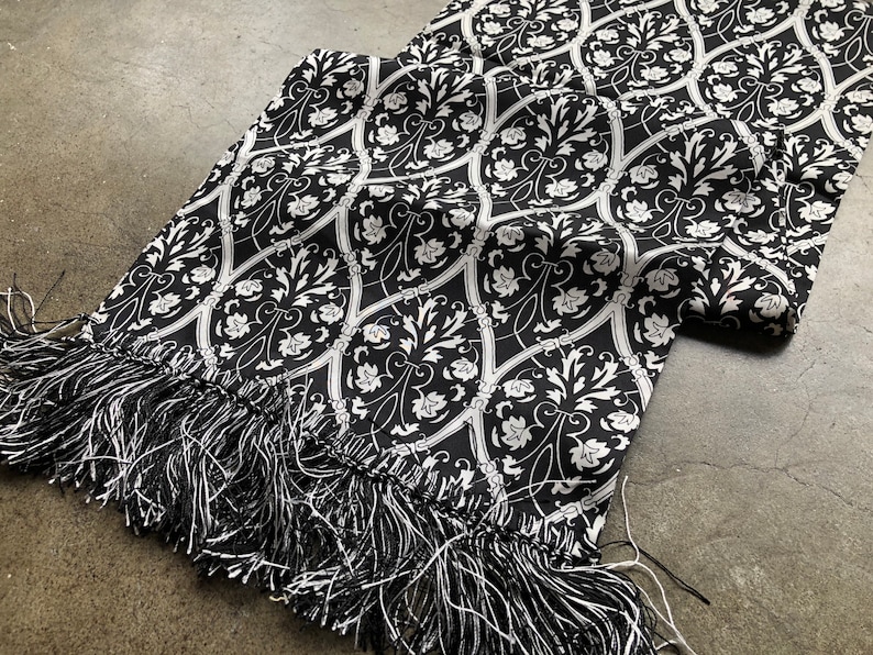 Silk Long Fringed Neck Scarf Silk Twill Contrast Vine Floral Victorian Print Black and White 1990s 90s Vintage Evening Shawl Art Nouveau image 1
