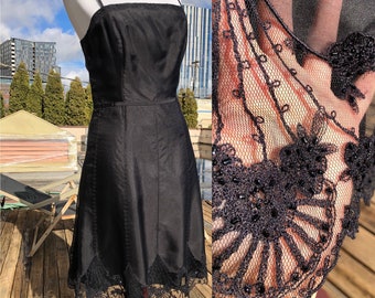 Sheer Silk Black Shimmery Voile Organza Spaghetti Strap Tank Dress Scalloped Beaded Floral Lace Hem Fitted Flared Vintage Sleeveless Gown