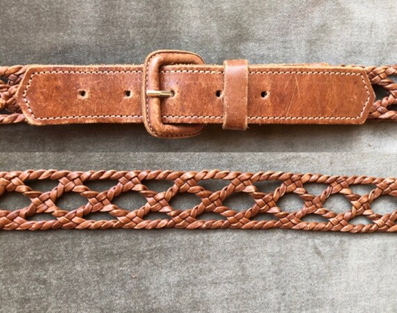 Guatemalan Rustic Brown Leather Woven Belt 1990s 90s Boho  display picture 3