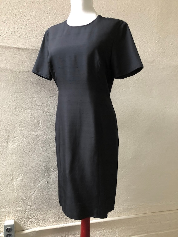 90s Raw Silk Black Short Sleeve Simple Shantung D… - image 2