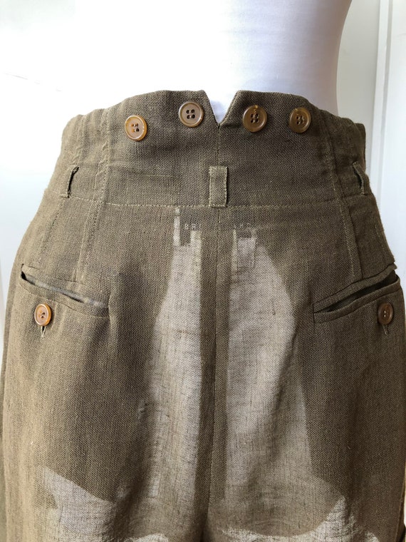 Olive Linen Sheer Woven High Waisted Flared Pleat… - image 9