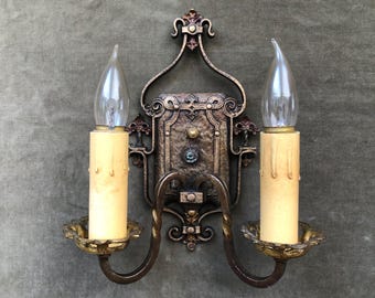 【USA vintage】PP-Inc.レセプタクル 壁付け 陶器 アメリカ 1920s Antique Spanish Revival Ornate Double Arm Electric Wall