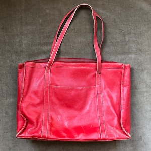 90s Distressed Red Leather Large Tote Shoulder Purse Bag Work Bag Vintage 1990s Zip Top Rectangular Worn Faded Grunge Boho AS IS Distressed