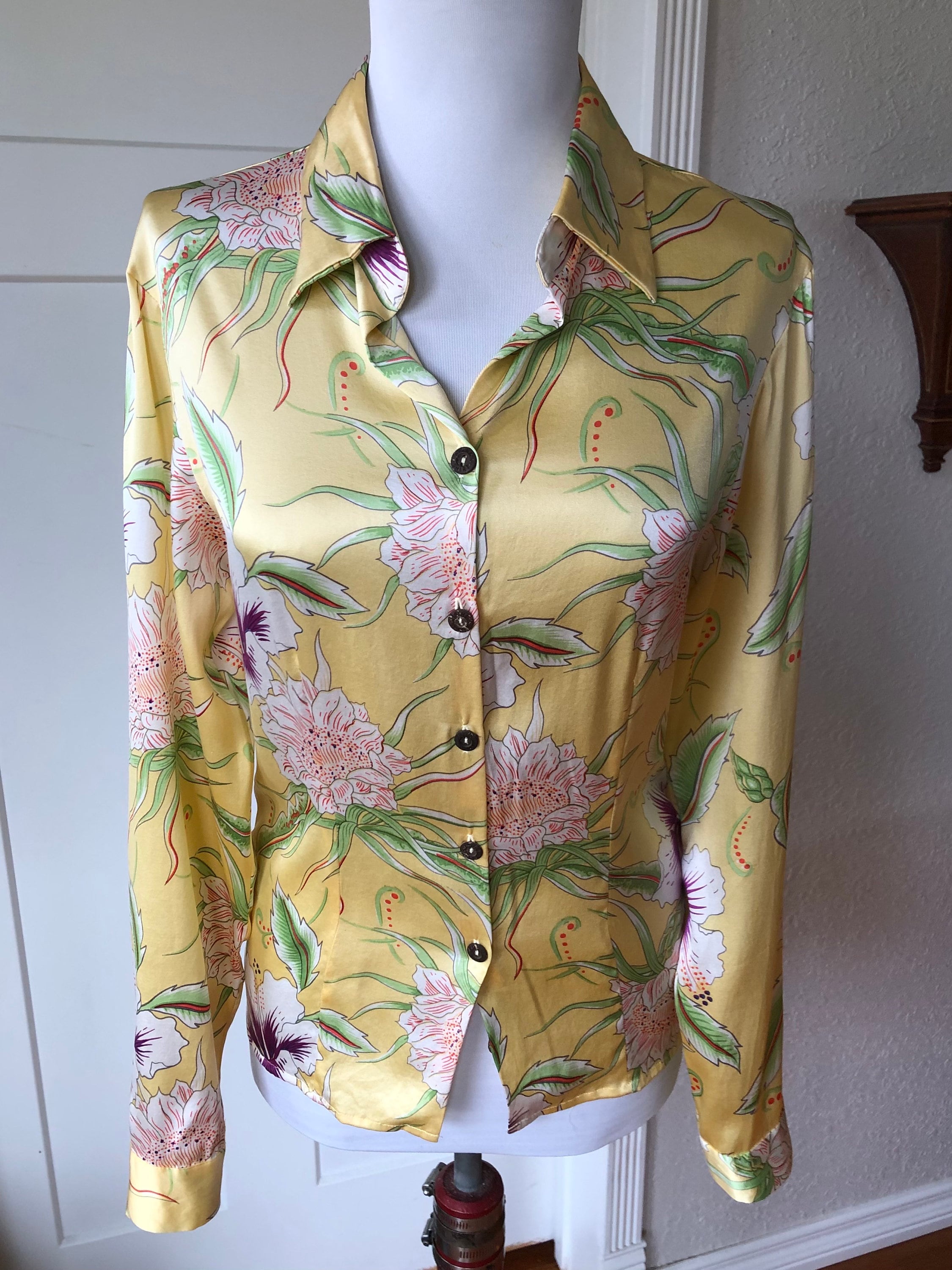 Silk Satin Hibiscus Flower Tropical Floral Print Button up