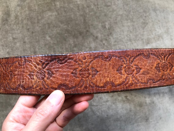 70s Floral Tooled Brown Thick Leather Belt Wester… - image 10