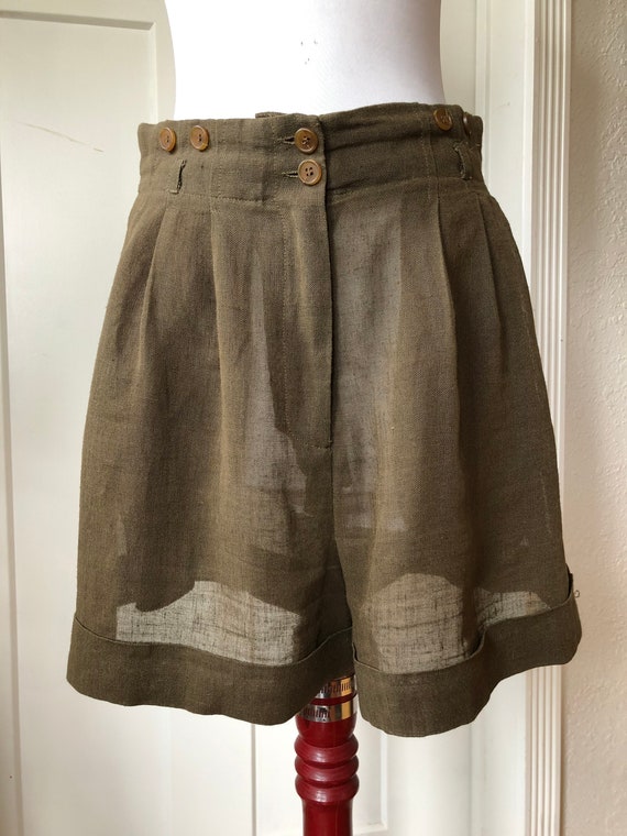 Olive Linen Sheer Woven High Waisted Flared Pleat… - image 3